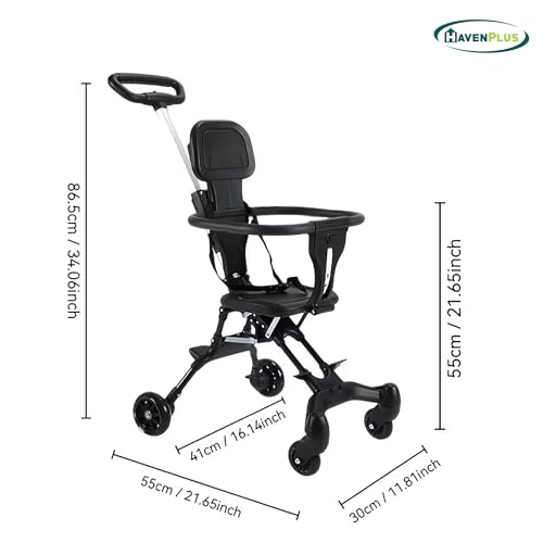 HavenPlus Portable Compact Baby Stroller, Lightweight Foldable, Cabin-Friendly, Adjustable Handle Lock, One-Hand Fold, Grey/Black, 1-3 Years