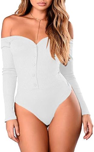 All in Sale Womens Love Bodysuit Cute Off Shoulder Long Sleeve Bodysuit Button Up Leotard Jumpsuits