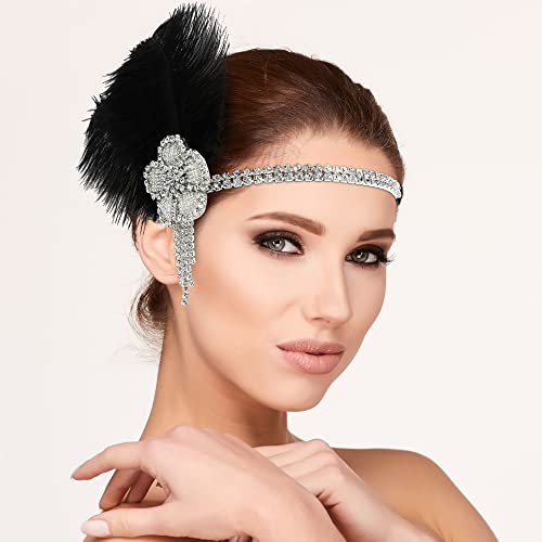 bdzyh Rhinestone Feather Flapper Headband for Women, Retro Black 1920s Hair Band, Great Gatsby Inspired Sparkle Costume Accessories
