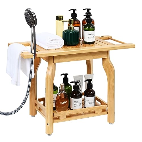 Ollieroo 2-Tier Bamboo Shower Chair for Inside Shower, Waterproof Bathroom Baby Bath Seat with Storage Shelf and Shower Head Holder, Shower Stool for Seniors Adults Disabled Pregnant Woman(Natual)