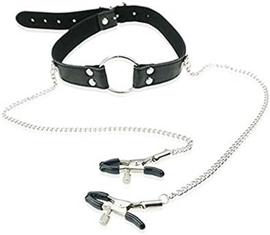 Black Leather Choker Collar with Steel Open Mouth Ring Mask Clamps (Black 2)