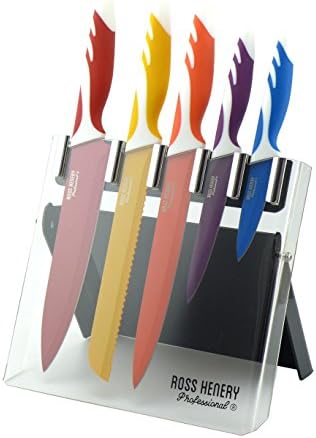 Ross Henery Professional 5 Piece Kitchen Knife Set with Multi Coloured Handles in Clear Foldable Acrylic Block/Stand