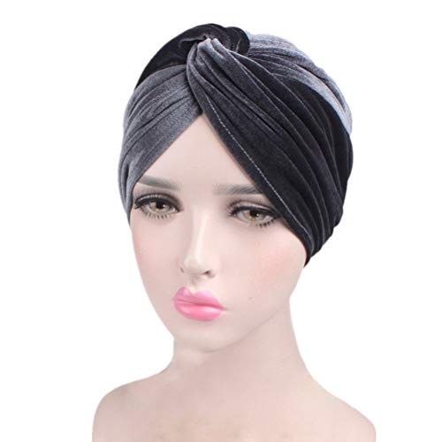 Fxhixiy Women's Stretch Velvet Twist Pleasted Hair Wrap Turban Hat Cancer Chemo Beanie Cap Headwear (Gray)