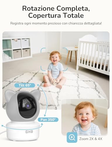 GHB WiFi Video and Audio Baby Monitor with App, 5 Inch IPS Monitor, 2K Camera, 350°/65° PTZ, 3000mAh, Motion Detection/Plant/Temperature, Night Vision