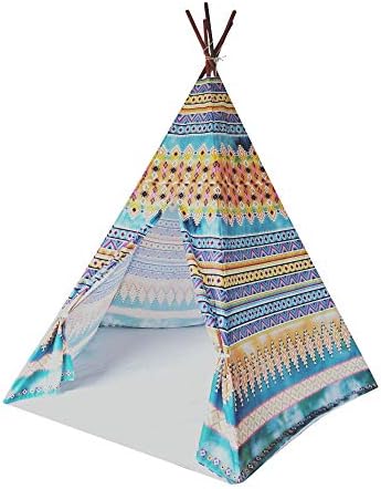 Porpora Indoor Indian Super Large Playhouse Toy Teepee Play Tent for Kids Toddlers Canvas Teepee with Carry Case (TBlue)