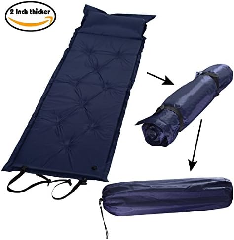 2 Inch thicker Portable Folded Self-Inflating Camping Sleeping Mattress Pad with Attached Pillow, (Blue) - Free Carry Bag Included