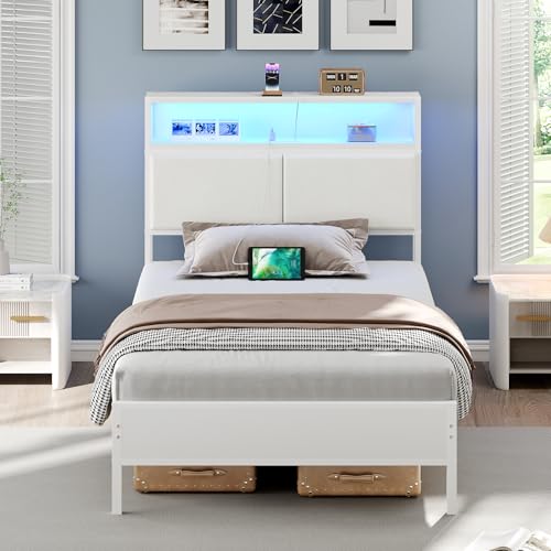 HOOBRO Twin Bed Frame, Metal Platform Bed Frame with Storage Headboard, Bed Frame with Charging Station and LED Light, White WW13UDBF01