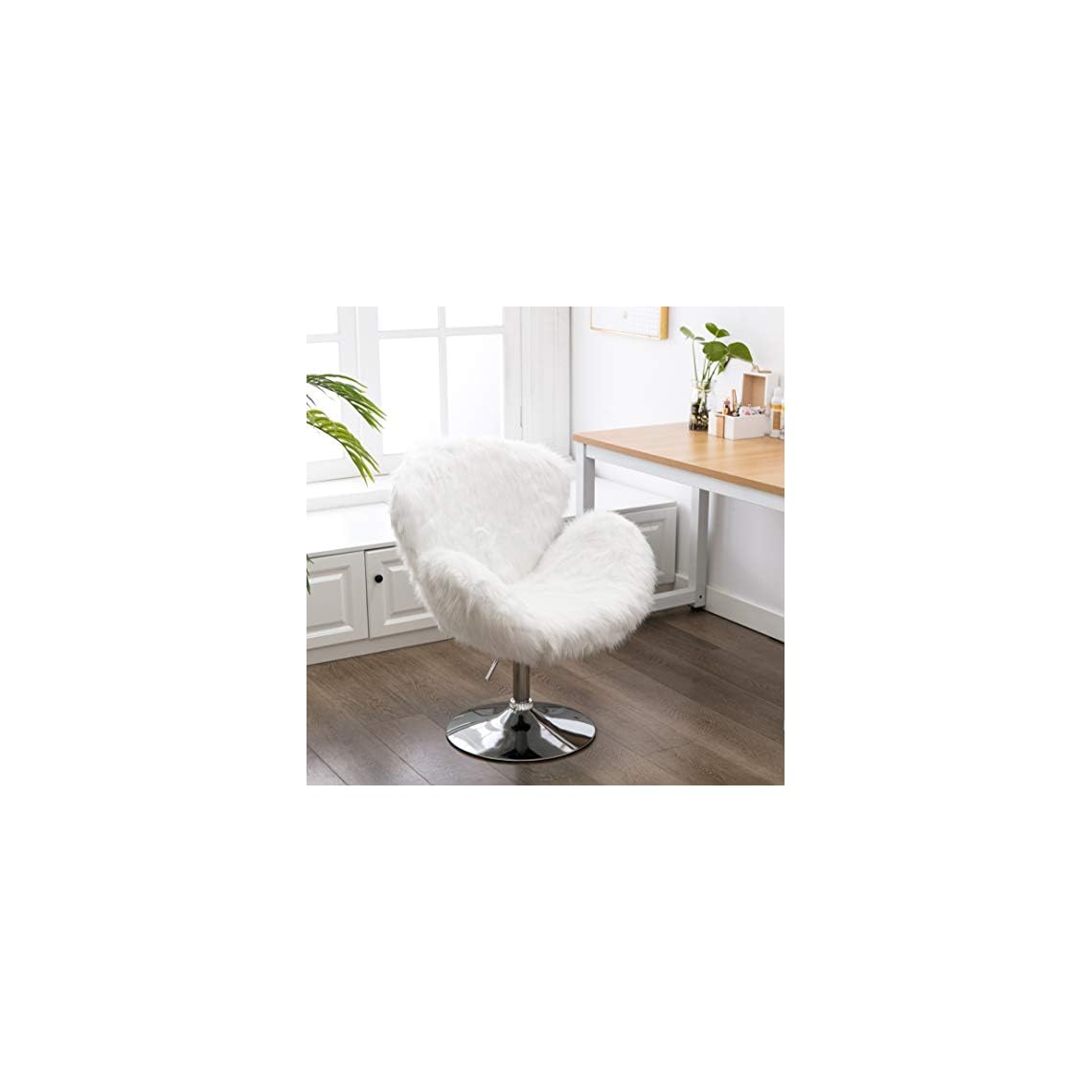 Faux Fur Swivel Makeup Stool, Modern White Swan Chair Long Hair Shaggy
