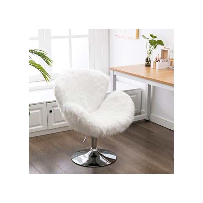 Faux Fur Swivel Makeup Stool, Modern White Swan Chair Long Hair Shaggy