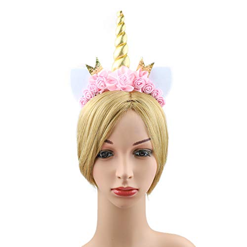 Mwfus Shining Unicorn Horn Ears Flower Headband Halloween Cosplay Costume Party Headdress - Thumbnail 3