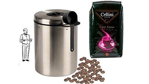 Cellini Caffè Crema Forte Ganze Bohne, 1000 g, 1er Pack (1 x 1 kg) + Edelstahldose für 1 kg Kaffeebohnen Neu mit…