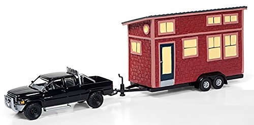 Johnny Lightning 1996 Dodge Ram 1500 Gloss Black and Tiny House with Red Shake Siding