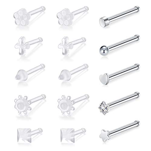AVYRING Nose Studs Nose Ring 20 Gauge Clear Nose Retainers Bioflex Piercing Women Men Body Piercing Jewellery 15PCS - Silver