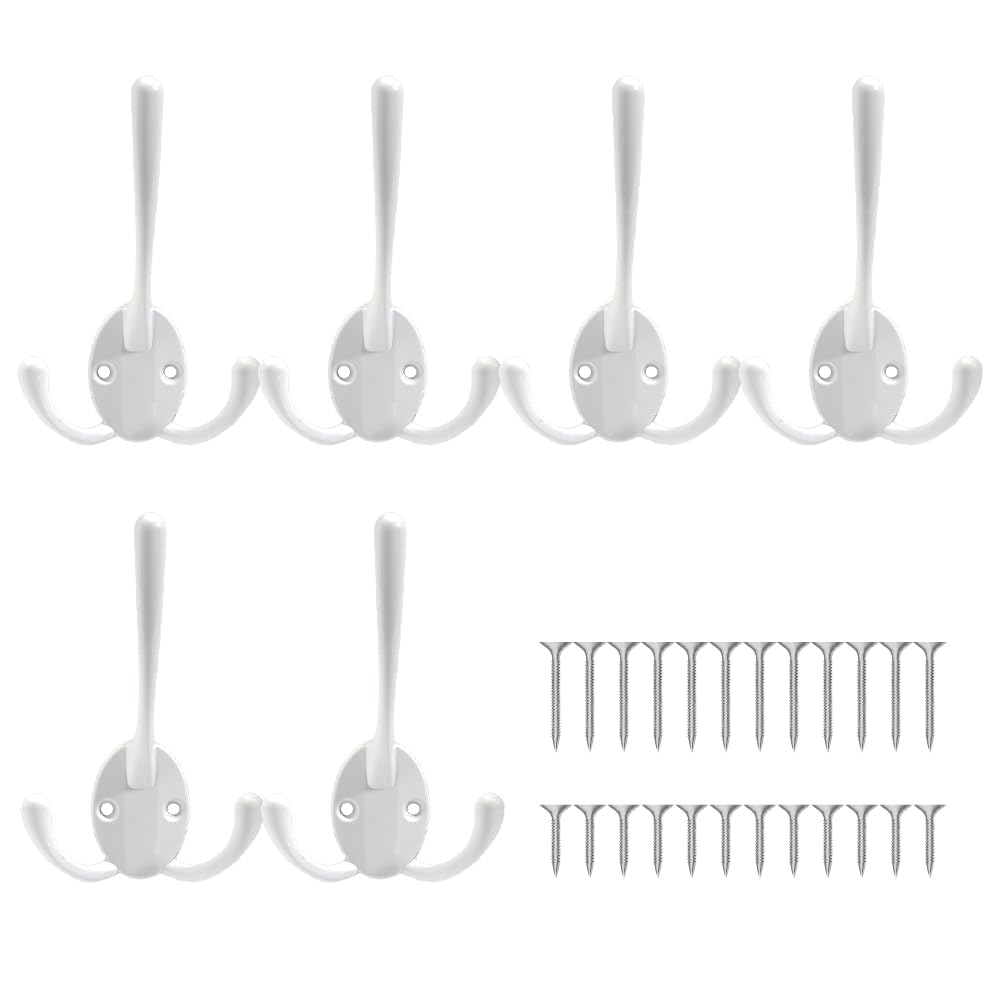 ONEBO 6 Pcs Three Prong Robe Hooks,Three Prong Coat Door Hooks with 24 PCS Screws,Zinc Alloy Wall Mounted Hook,for Hanging Hat Tie Clothes Towel Hanger,for Bedroom Bathroom Kitchen(White)