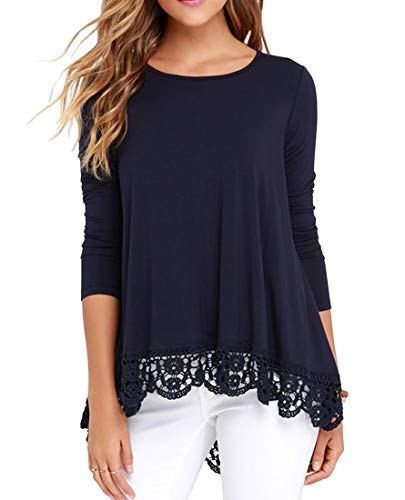 QIXING Women's Tops Long Sleeve Lace Trim O-Neck A-Line Tunic Blouse Navy Blue L