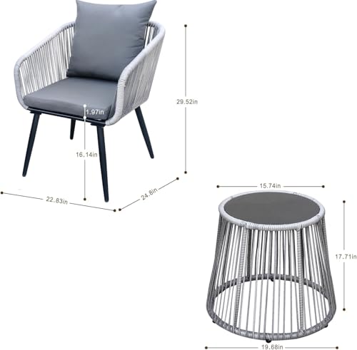 YIYAN 3 Piece Patio Bistro Set, Wicker Outdoor Patio Set with Enhanced Comfort Seating, Round Glass Top Coffee Side Table, Patio Rattan Conversation Set for Balcony, Lawn, Garden, Backyard (Gray)