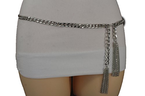 TFJ Women Fashion Metal Chains Belt Hip Waist Wrap Around Fringes Plus M L Silver