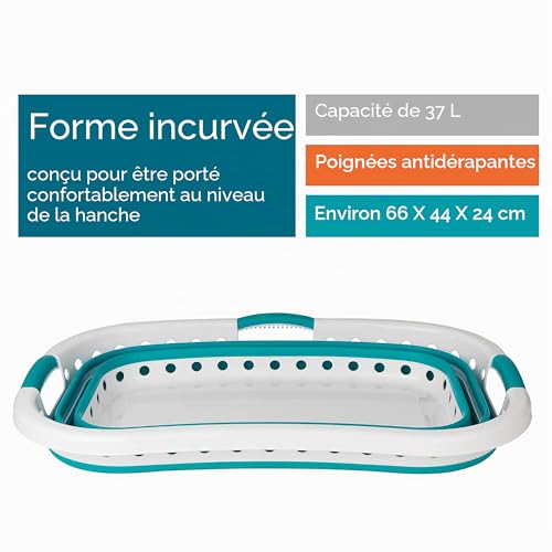 Beldray Hip Hugger 37L Laundry Basket, Foldable and Lightweight Laundry Basket, Ergonomic Basket Space-Saving and Portable, Includes Air Holes and 3 Ergonomic Handles, Turquoise
