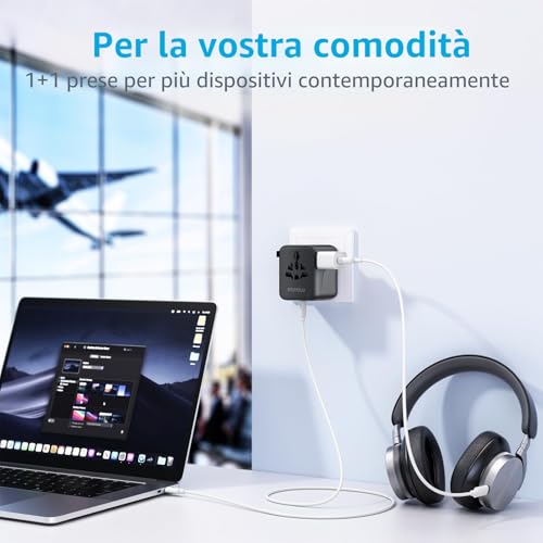 5 in 1 Universal Travel Adapter,Universal Travel Socket with 1 USB A,2 USB C,1 Universal Socket,1 US/JP Socket and Adapter International Plug for Italy UK US Australia Thailand Mexico