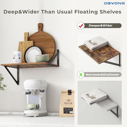 DAYONG Deep Wall Mounted Floating Shelf, 16W x 12D Rustic Wood Floating Shelves with Metal Brackets, Set of 2 Hanging Shelf for Kitchen, Living Room, Bathroom and Bedroom Decor (Rustic Brown)