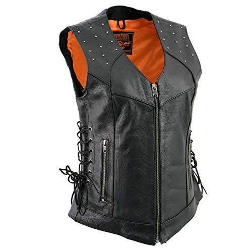 Milwaukee Leather MLL4504 Women's Classic Black Leather V-Neck Riveted Motorcyc…