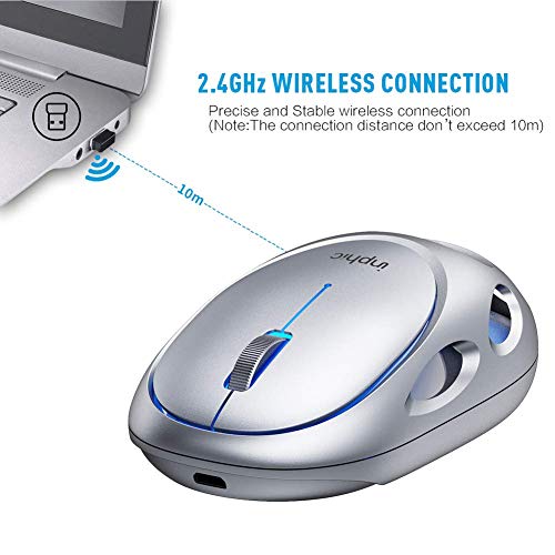 INPHIC LED Wireless Mouse, Rechargeable Silent USB 2.4G Computer Cordless Mouse with USB Receiver, Breathing LED, Upgraded Battery, for Laptop Mac PC Windows Gaming, Silver