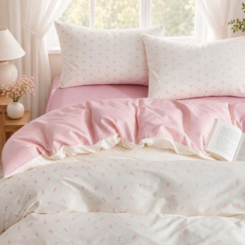 Freyamy Schleife Bettwäsche 200x200 Baumwolle Rosa Schleifen Bettwäsche Set