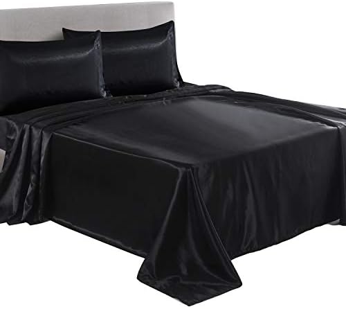 LITHER King Size Satin Sheets Set Black, Deep Pockets Fitted Sheet, Silky and Breathable Luxury Bed Sets