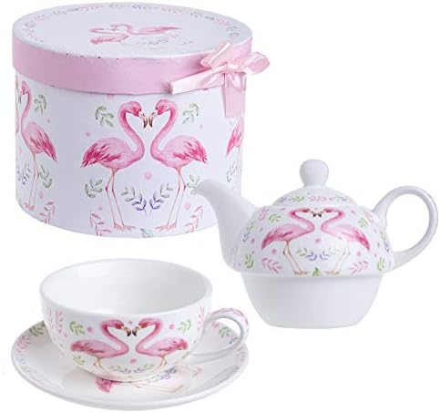 London Boutique Tea for One Teapot Cup suacer Set Pair Flamingo Fine Porcelain Gift Box (2 Sets)