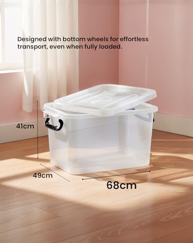 Storage Box – Heavy Duty Plastic Storage Box with Lockable Lid & Wheels, Clear Organizer Bin for Clothes, Tools & Home, Office (82L)