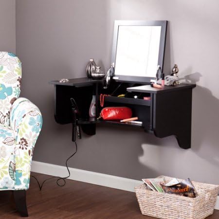 Vanity Mirror, Black With Fold-down Mirror adds Tabletop Space, Features 2 Holster Rings, 4 Storage Bins and 3 Open Compartments &amp; Black finish, Bundle with Expert Guide for Better Life