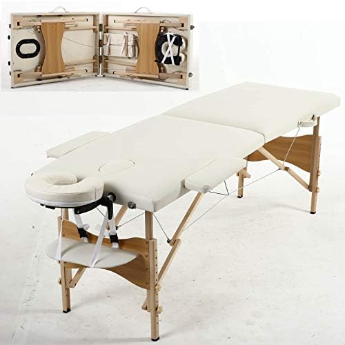 Potable Folding Massage Table Couch Bed Oil-Proof for Beauty Salon Tattoo Therapy 2 Sections Lightweight Wooden Frame with Carry Bag 230kgs Capacity - Beige