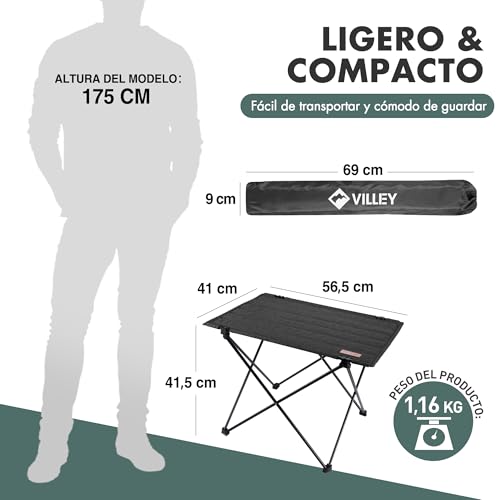 VILLEY Portable Folding Camping Table, Ultralight Outdoor Table with Bag, Aluminum and Oxford Fabric, for Picnic, Hiking and Outdoor Activities
