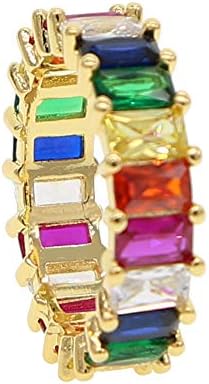 Gold Filled Fashion Jewelry Rainbow Square Baguette Cz Engagement Ring for Women Colorful Cubic Zirconia Cz Eternity Band Ring