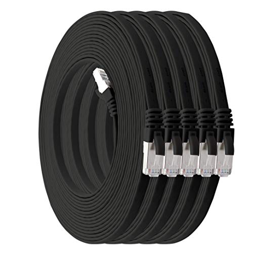 1aTTack.de 10m - schwarz - 5 Stück Cat7 Flachkabel Netzwerkkabel Cat 7 Rohkabel Gigabit Lan (10Gbit/s) Flachbandkabel Verlegekabel Patchkabel Flach Sl