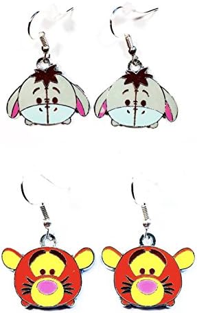 2 Pairs Disney WINNIE THE POOH inspired EEYORE TIGGER Metal Character Drop Dangle Hook Earrings W/Gift Box