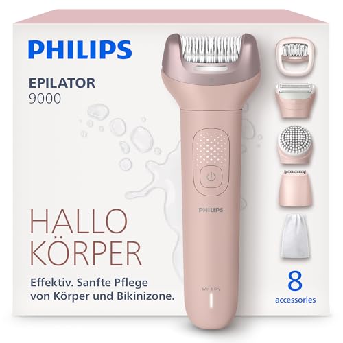 Philips Epilierer Series 9000 - Kabelloser Epilierer für Nass- und Trockenanwendung, Haarentfernung für Beine, Körper und Bikinizone, mit ProGuide, 8 