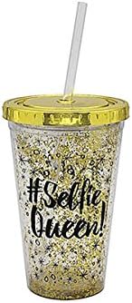 Black Gold Glitter Girly Reusable Plastic Cooler Cup with Lid and Straw - #Selfie Queen