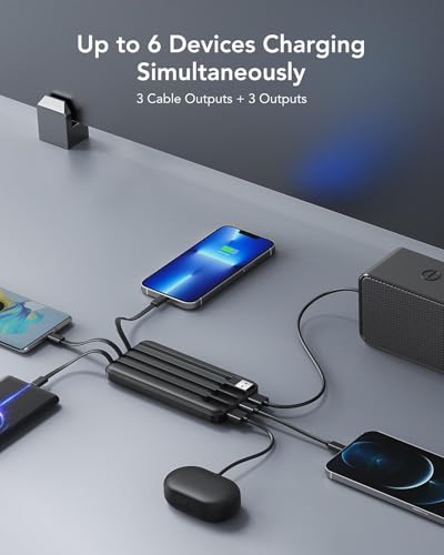 Charmast Power Bank with Built in Cables X 4, 10000mAh USB C Battery pack 6 Outputs 3 Inputs with LED Display Type C Powerbank Portable Charger Compatible with Smartphones Tablets and More