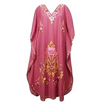 Mogul Interior Womens Caftan Maxi Dress Pink Embroidered Lounge Kaftan One Size
