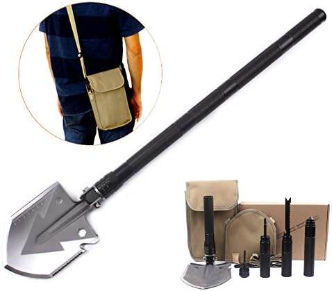 Tactical Shovel Multi-Function Folding Steel Shovel Portable Field Survival Self-defense Scoop Removable Shovel Multi-purpose Camping, Hiking, Gardening, Hiking (BLACK)