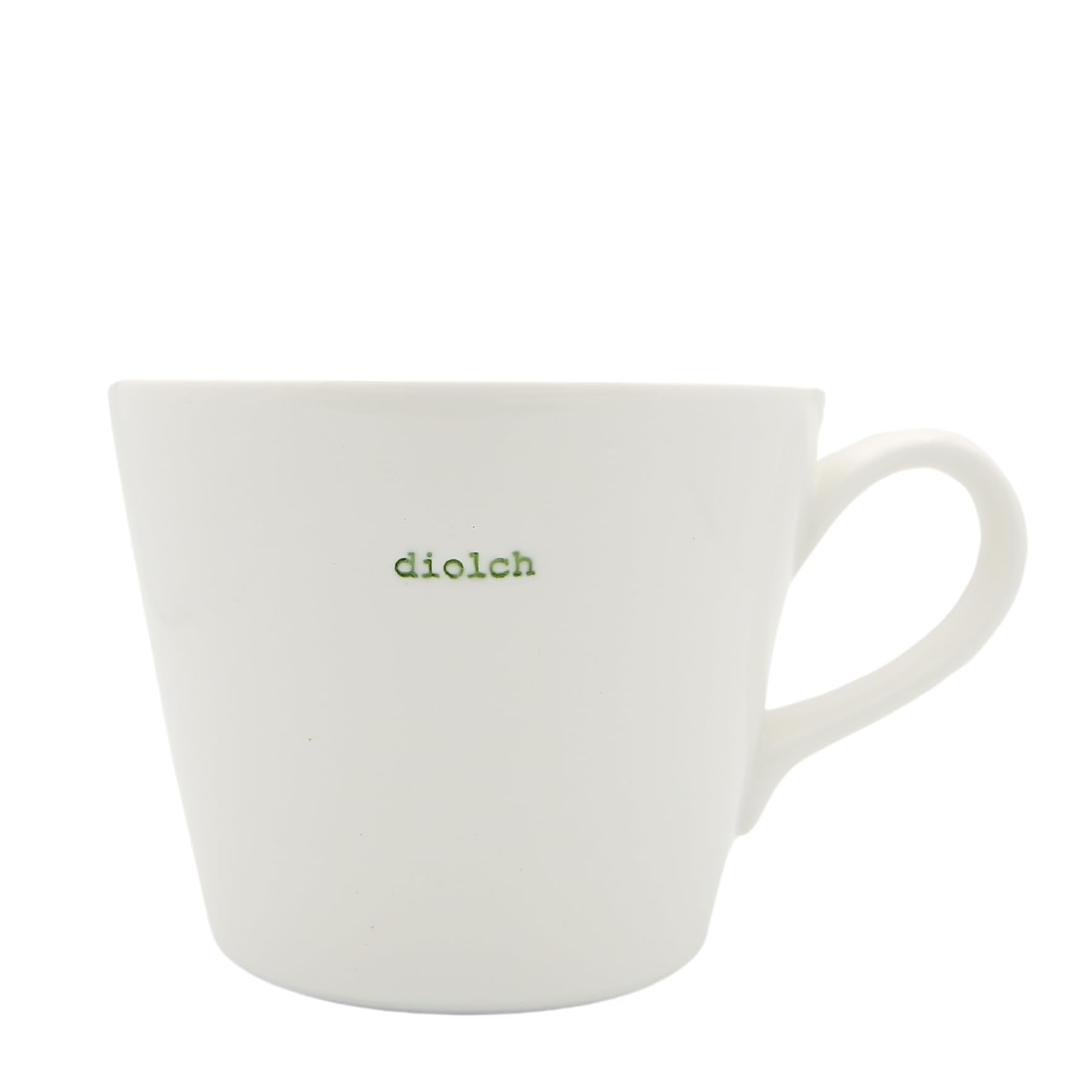 Keith Brymer Jones - Welsh/Cymraeg Word Range - Standard Ceramic White Mug - diolch (Green) - 350ml - Gift Boxed