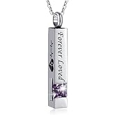 Rockyu Women's Stainless Steel Memorial Urn Necklace "Forever Loved" Pendant with February Birthstone, Ashes Keepsake Cremation Jewelry for Remembrance