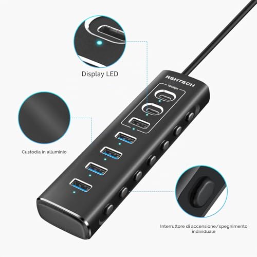 USB Hub Powered RSHTECH USB 3.2/USB C Hub 7 Ports with 3 10Gbps USB 3.2 Ports (2*Type-C, 1*Type-A), 4 USB 3.0 * 5Gbps Ports, 1m Data Cable, 24W USB C Hub Power Supply, RSH-A107C