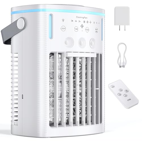 Portable Air Conditioners, New 4-in-1 Ultra-Quiet Portable AC Unit, 1000ML Water Tank Evaporative Air Cooler with 3-Cool Mist & 3-Speeds, Remote Control, 7 Color Light, 8H Timer for Bedroom,Office,Car