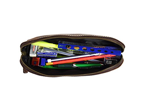 Vintage Leather Zippered Pen/Pencil Case | Classic Cylindrical Design Craft/Art Supplies Storing Kit | Portable Travel Cosmetics Makeup Pouch By Aaron Leather (Dark Brown) - Thumbnail 2