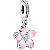 Lkwrideiny Cherry Blossom Dangle Charm 925 Sterling Silver Pendant,Jewelry Beads Gifts for Women Bracelet&Necklace