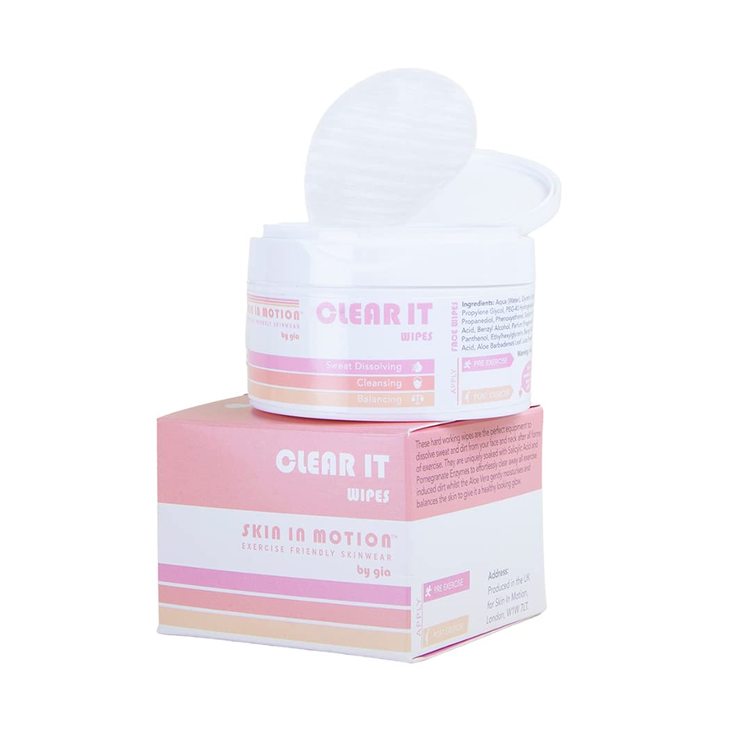 Skin in Motion | Clear It Cleansing Makeup Remover Wipes with Salicylic Acid, Sweat Removing, Cleansing Pads with Aloe Vera, Hot Flushes Relief, Menopause Skincare | 40 Wipes