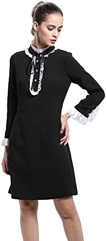 2017 Early Spring Fashion Vintaqge Black Patchwork Stand Collar Long Sleeves Buttons Belt Empire Cultivate Women Mini Dress (10)