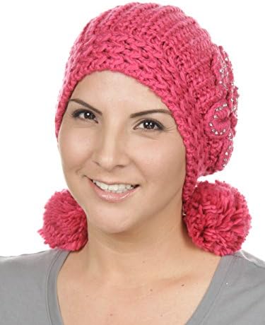 Soft Knitted Pom Pom Snow Cancer Beanie Womens Chemo Winter Hat with Sequin Flower Fuchsia